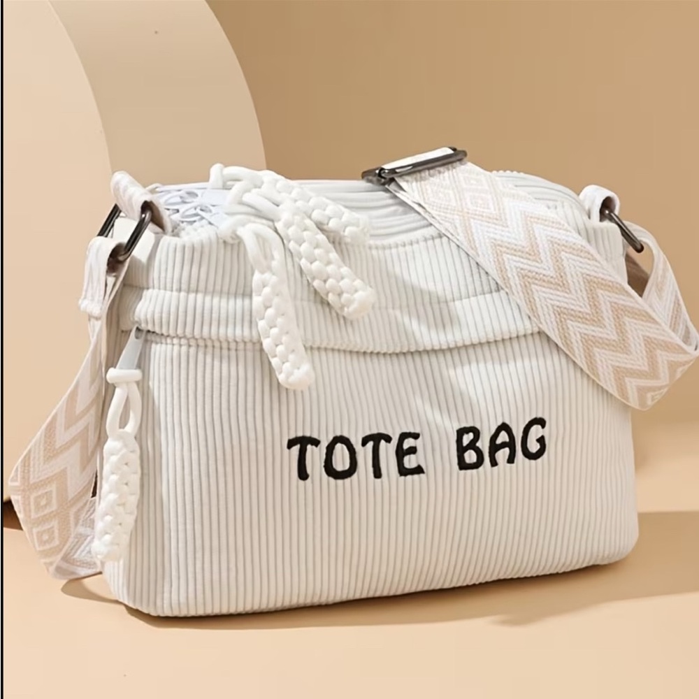 White Tote Bag with Patterned Strap